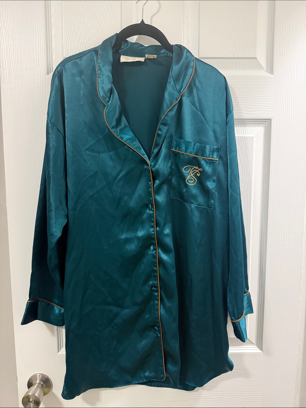 Vintage Victorias Secret emerald green Satin Pajama nightgown with copper accent